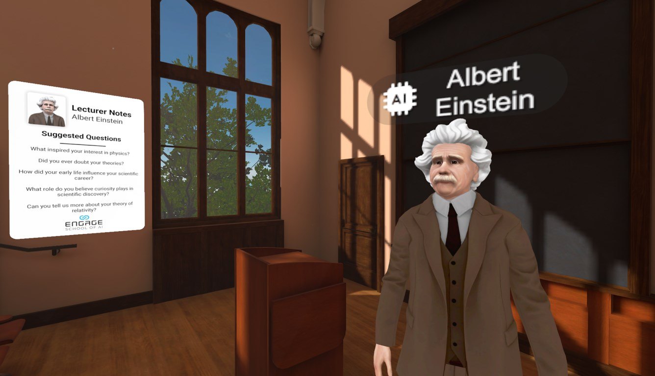 ENGAGE XR — Albert Einstein as an AI-driven avatar in a virtual classroom